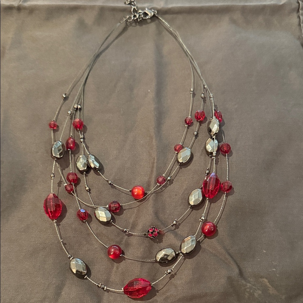 Elegant Multi-Strand Red and Silver Necklace